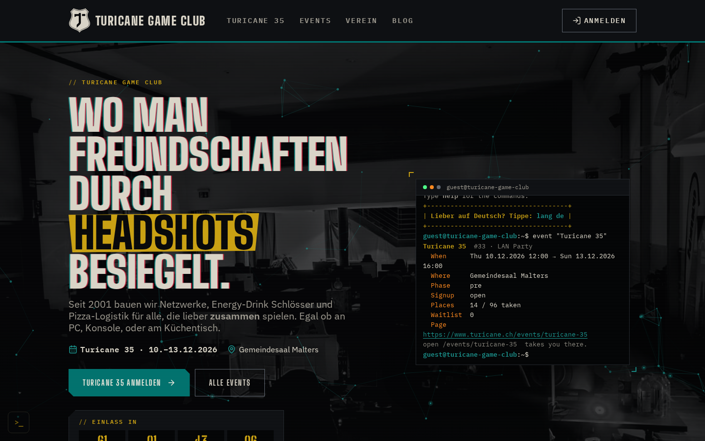 Die neue Startseite: Blackout-Theme, Countdown zur Turicane 35 und rechts ein eingebettetes Terminal, das von selbst Befehle tippt.