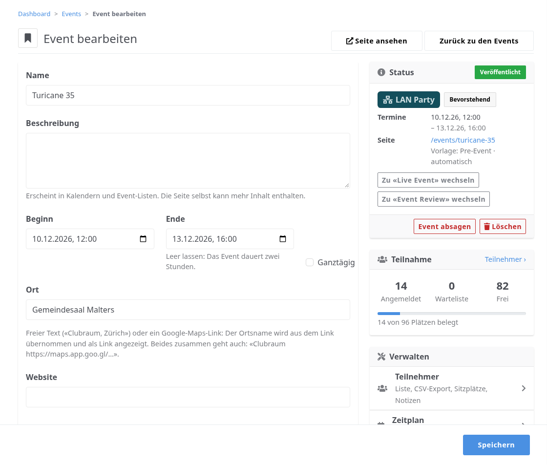 Hinter den Kulissen: Ein Event bearbeiten. Links das Formular mit seinen Bereichen, rechts Status, Belegung und alles, was es zum Event zu verwalten gibt.