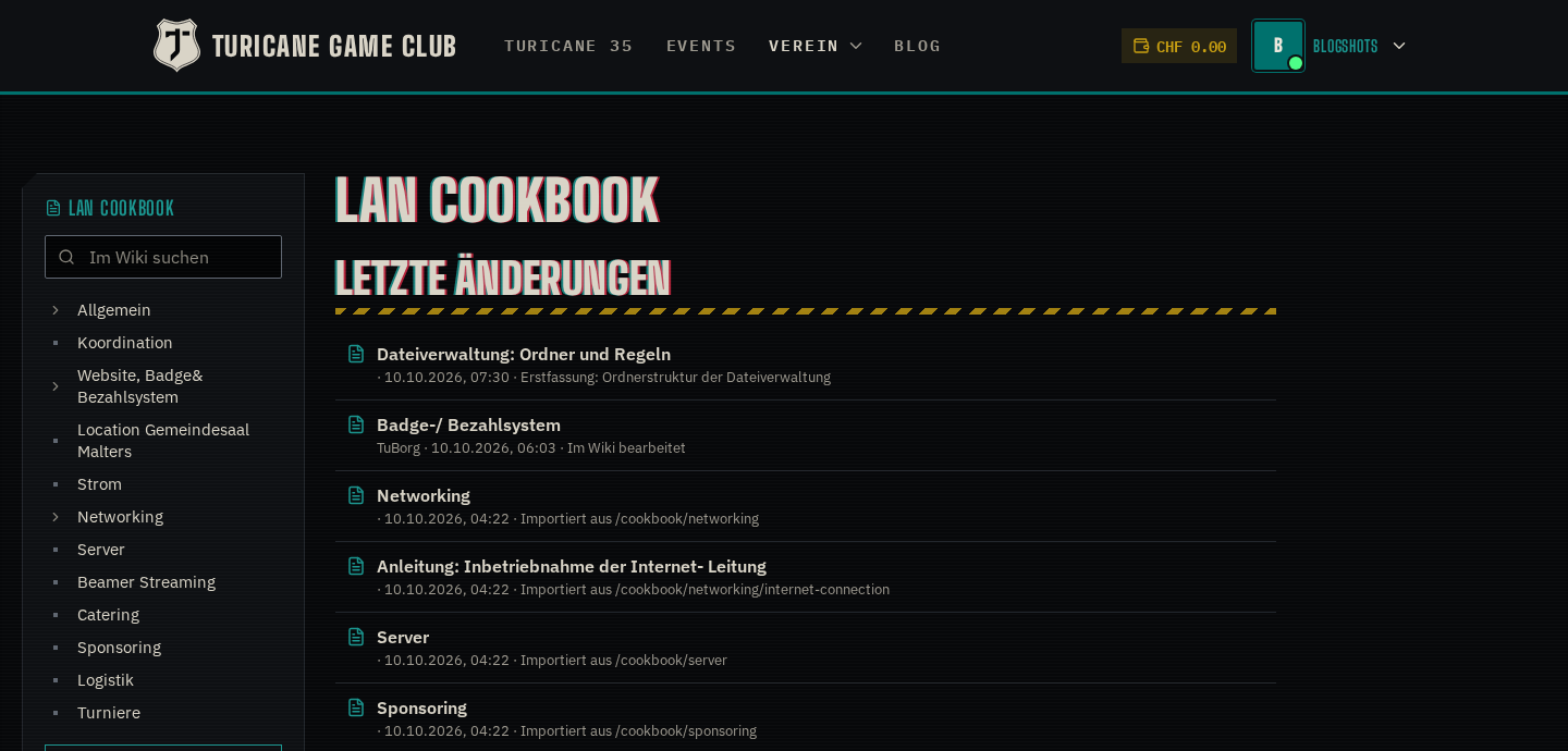 Das LAN Cookbook im neuen Wiki, mit Navigation, Suche und den letzten Änderungen.